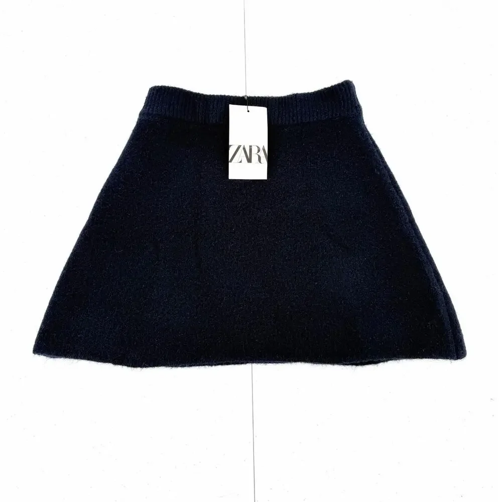 NWT Zara Knitted Brushed Navy Blue Mini Sweater Flare Skirt Size XS